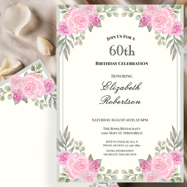 Convite de 60º Aniversário Floral Rosa e Verde Sag (Criador carregado)