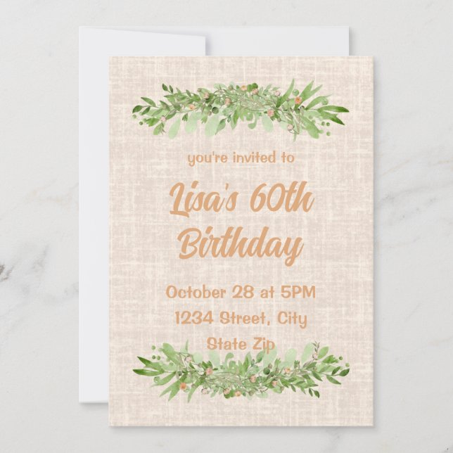 Convite de 60º Aniversário – Linen Greenery | Sess (Frente)