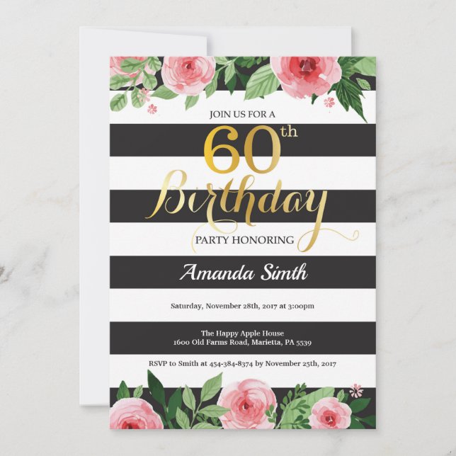 Convite de 60º Aniversário para Mulheres. Floral D (Frente)