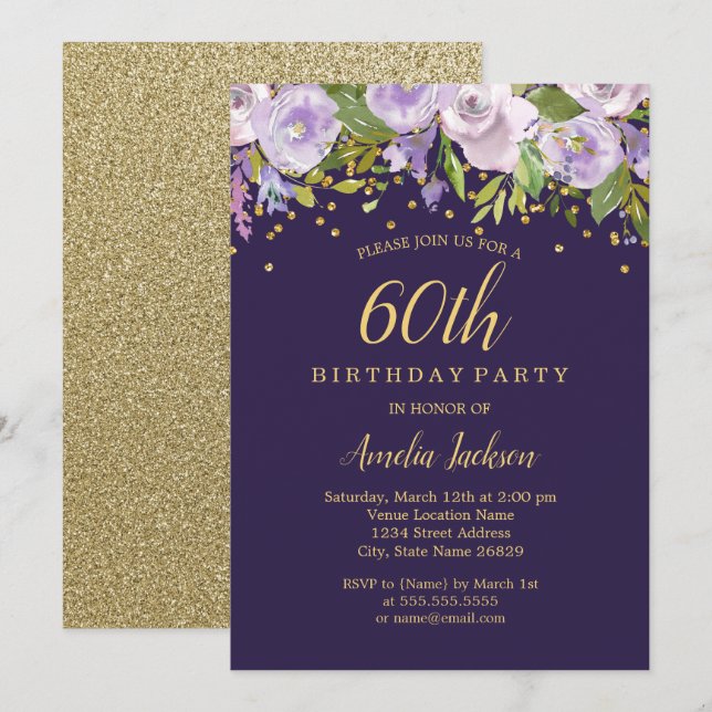 Convite de 60º Aniversário Sparkle Floral Roxo Dou (Frente/Verso)