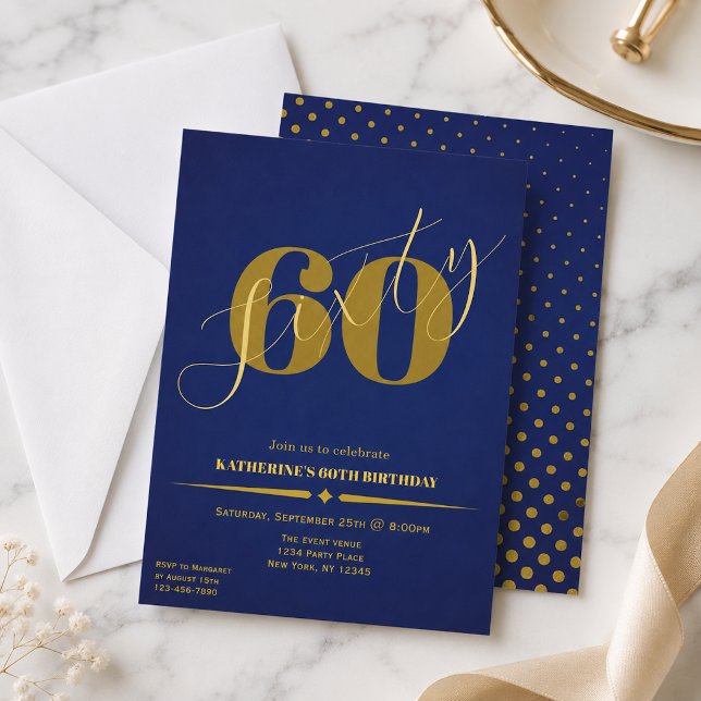 Convite de 60 Anos Azul e Dourado Elegante (Criador carregado)