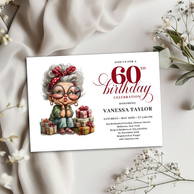 Convite de 60 Anos de Idade Divertido Tema de Senh (60th Birthday Invite Funny Quirky Old Lady Theme)