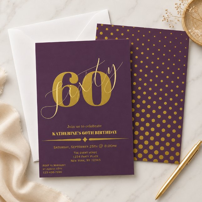 Convite de 60 Anos de Idade Elegante Ameixa e Dour (Criador carregado)