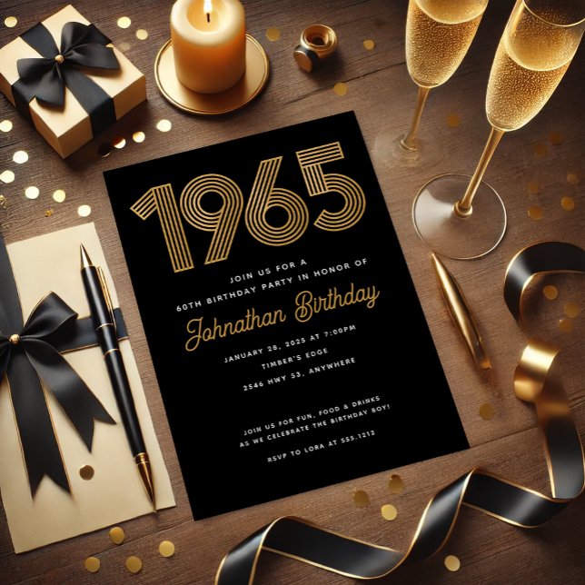 Convite de 60 anos de idade em Faux Dourado Preto  (1965 Black Faux Gold 60th Birthday Invitation)