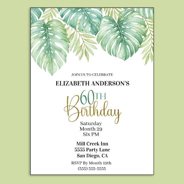 Convite de 60 Anos de Idade Folhas Tropicais Aquar (Watercolor Tropical Leaves 60th Birthday Invitation.)