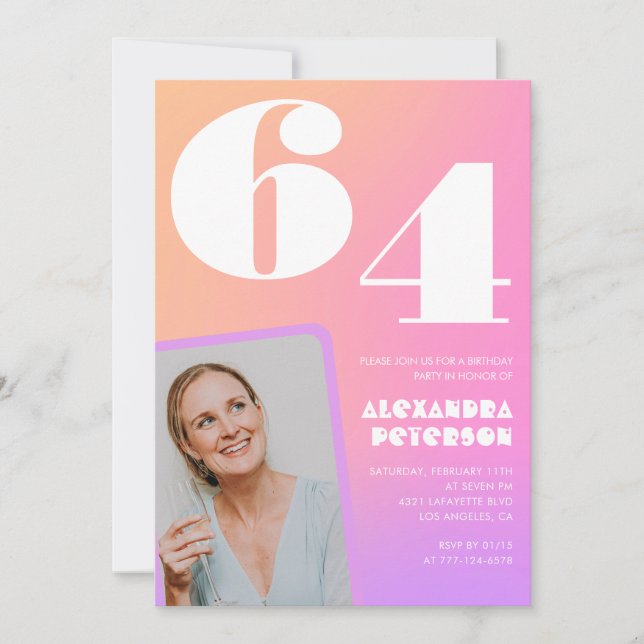 Convite de 64º aniversário com foto retrô gradient (Frente)
