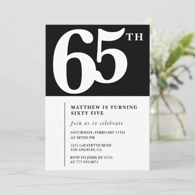 Convite de 65º aniversário Preto Elegante Chique S (Em pé/Frente)