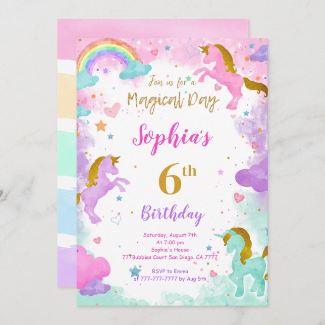 Convite de 6 Birthday Unicorn (Frente/Verso)