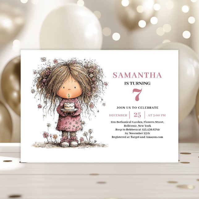 Convite de 7º Aniversário da Menina Excêntrica Ros (Quirky Girl 7th Birthday Invite Pink Download)