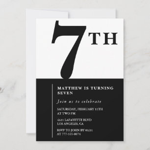 Convite de 7º aniversário elegante Preto Chique Mo