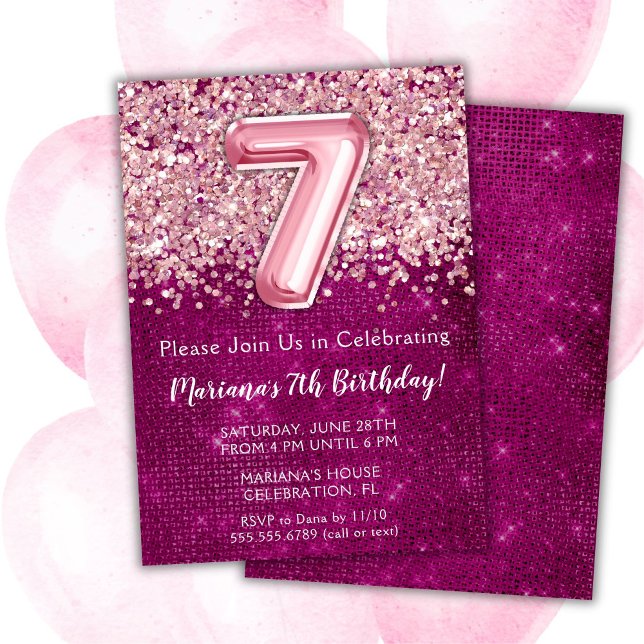 Convite de 7º Aniversário Menina Rosa Magenta Bril (Criador carregado)