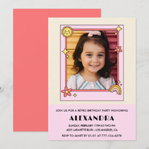 convite de 7º aniversário Retro Groovy Floral Rosa