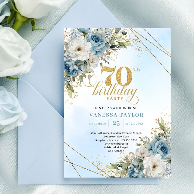 Convite de 70º Aniversário Azul Poeirento Romântic (Romantic Dusty Blue 70th Birthday Invite)