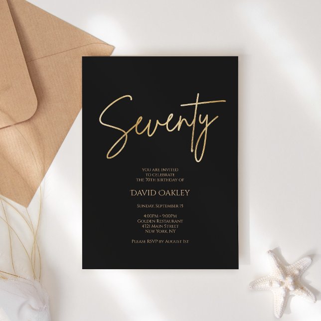 Convite de 70º Aniversário Black Gold Elegante (Elegant Black Gold 70th Birthday Invitation)