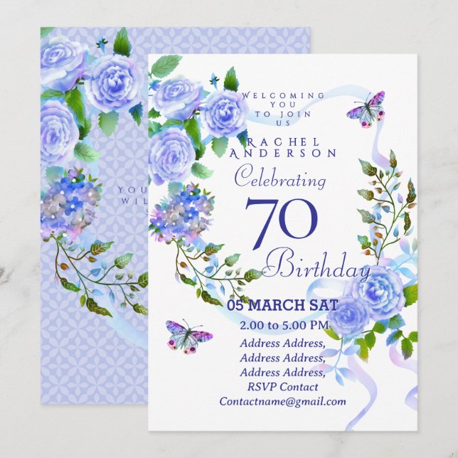 Convite de 70º aniversário Blue Rose Ribbon (Frente/Verso)