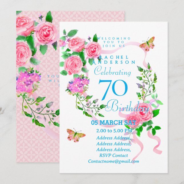 Convite de 70º aniversário com fita rosa (Frente/Verso)