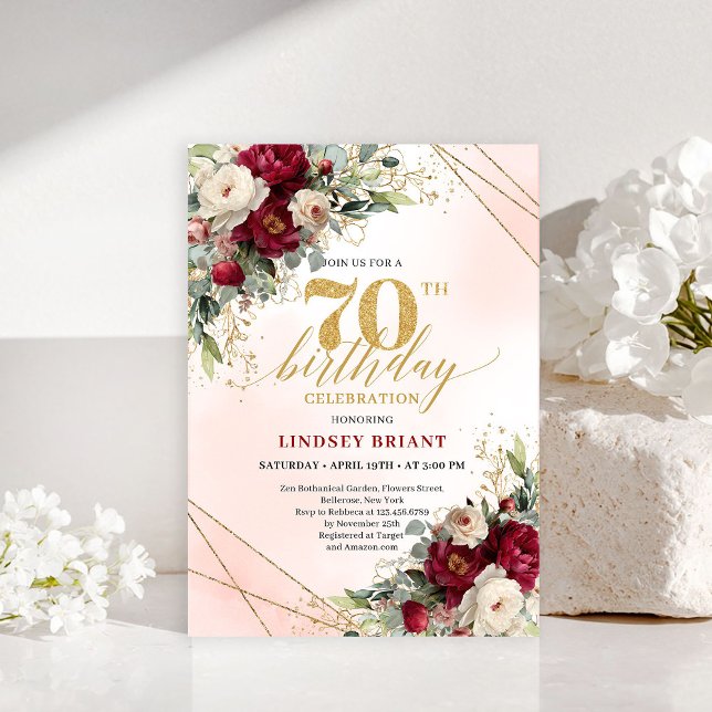 Convite de 70º aniversário com flores douradas ele (Elegant gold floral 70th birthday party invite women

)