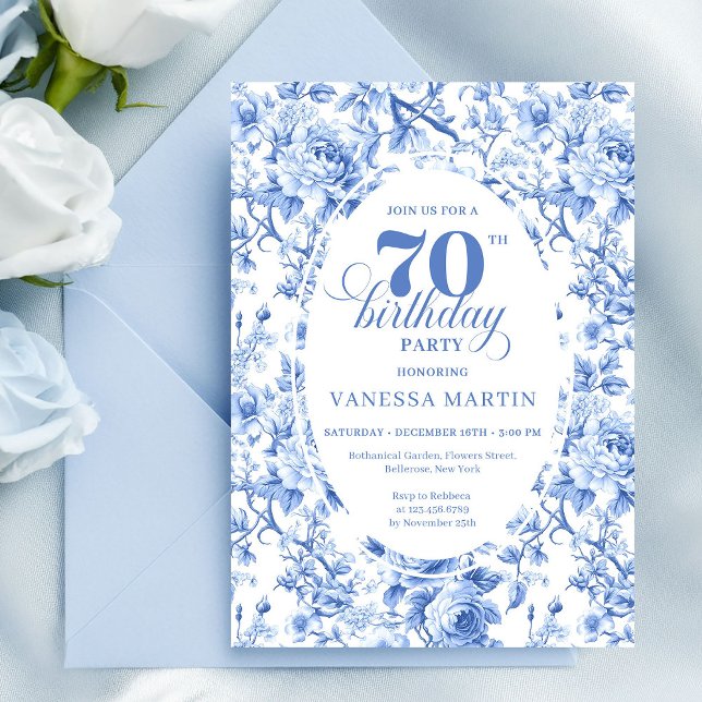 Convite de 70º aniversário de Rosas Azul Royal (Royal Blue Roses 70th Birthday Invitation)