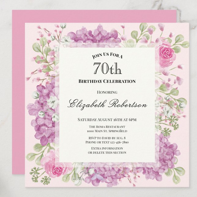 Convite de 70º Aniversário Elegantes Flores Rosa (Criador carregado)