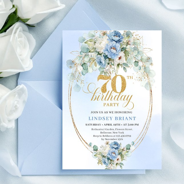 Convite de 70º Aniversário Floral Azul Dourado Ele (Elegant Blue Gold Floral 70th Birthday Invitation Set

)