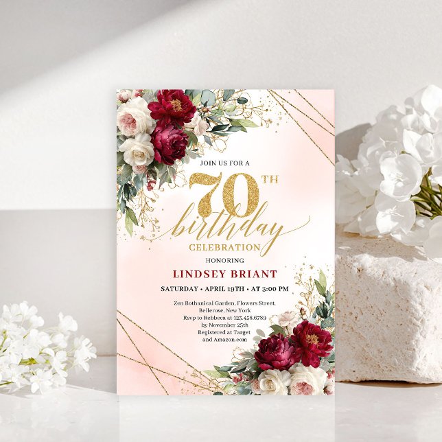 Convite de 70º Aniversário Floral Dourado Sofistic (Sophisticated Gold Floral 70th Birthday Invitation)