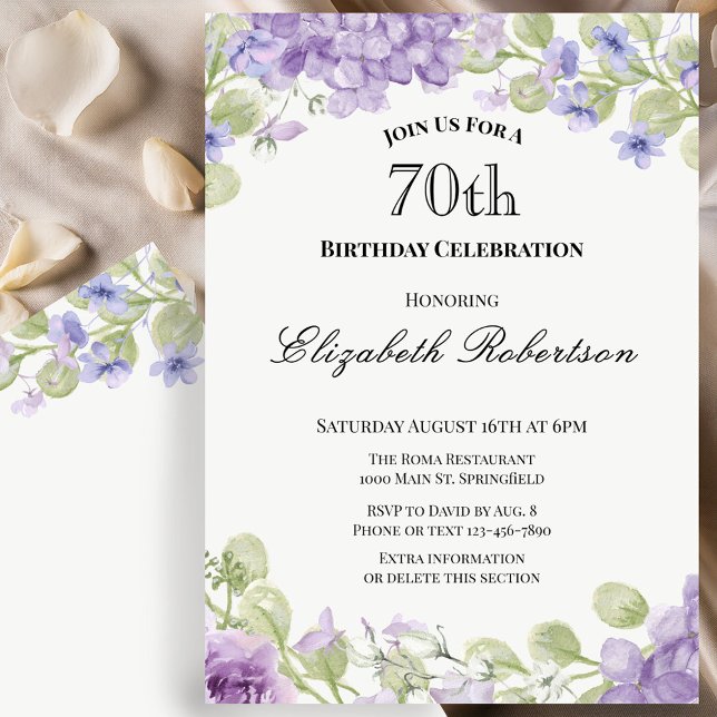 Convite de 70º Aniversário Floral Roxo Elegante (Criador carregado)