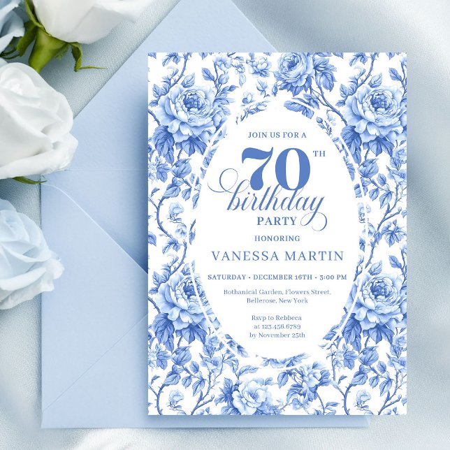 Convite de 70º Aniversário Floral Toile Azul Real (Royal Blue Floral 70th Birthday Invitation)