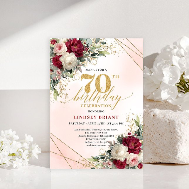 Convite de 70º aniversário personalizado com flore (Personalized gold floral 70th birthday invite men

)