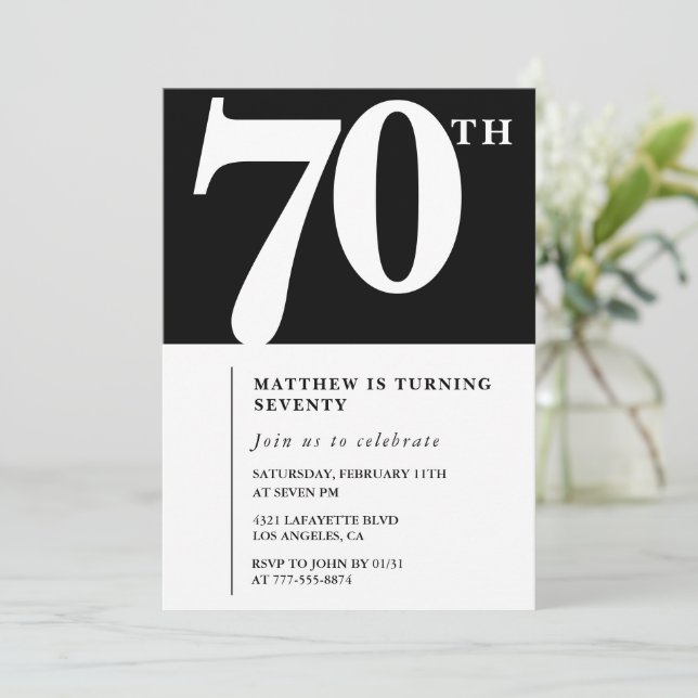 Convite de 70º aniversário preto Elegante Chique S (Em pé/Frente)