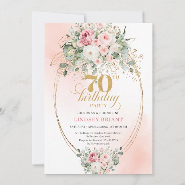 Convite de 70º Aniversário Rosa Elegante e Dourado (Frente)