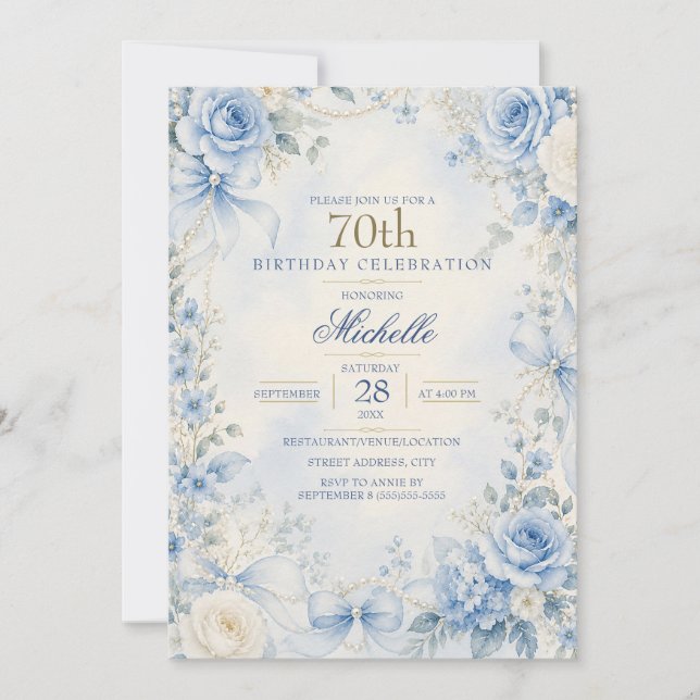 Convite de 70 Anos de Idade Elegante em Azul Pó co (Frente)