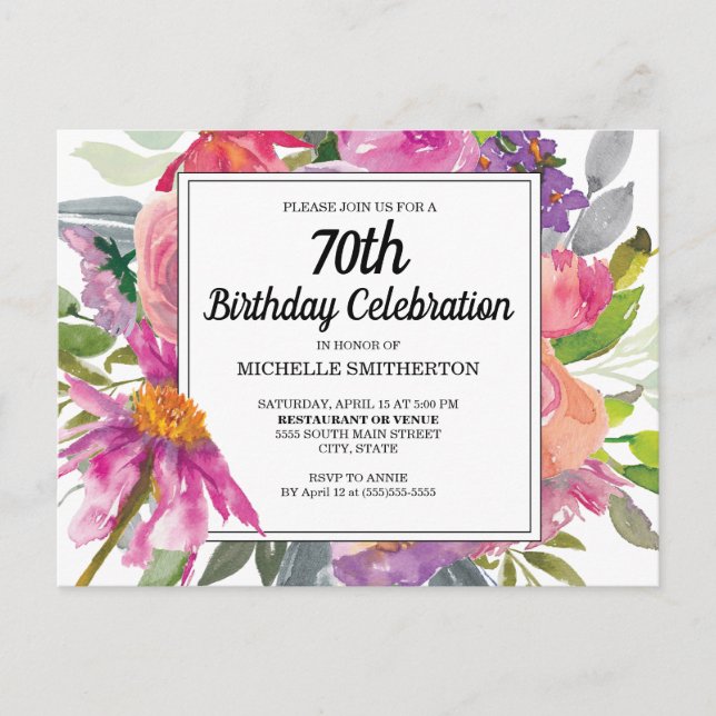 Convite de 70 Anos de Mulher com Flores Rosa Roxo (Frente)