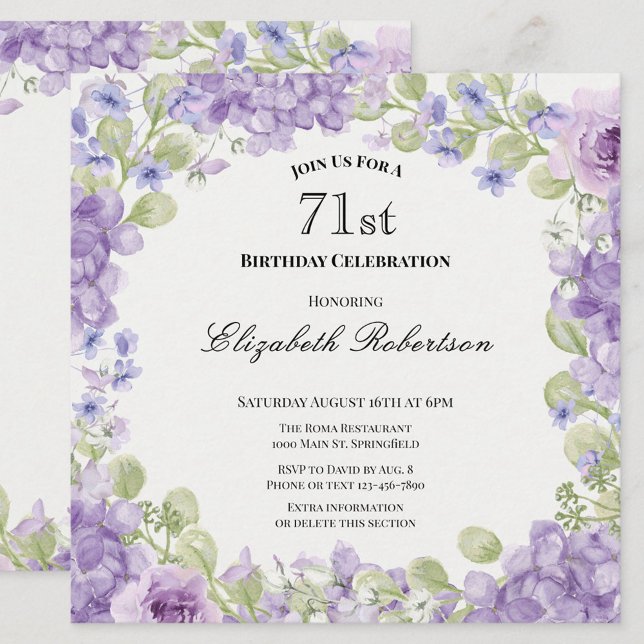 Convite de 71º Aniversário Floral Roxo Elegante (Criador carregado)