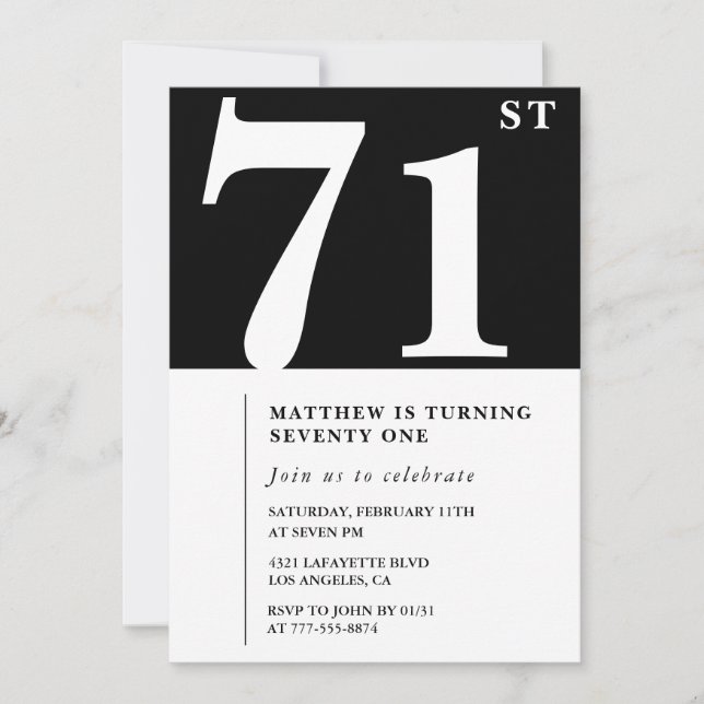 Convite de 71º aniversário preto e branco elegante (Frente)