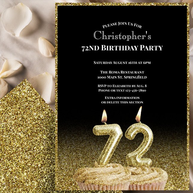 Convite de 72º Aniversário Preto e Dourado Para El (Criador carregado)