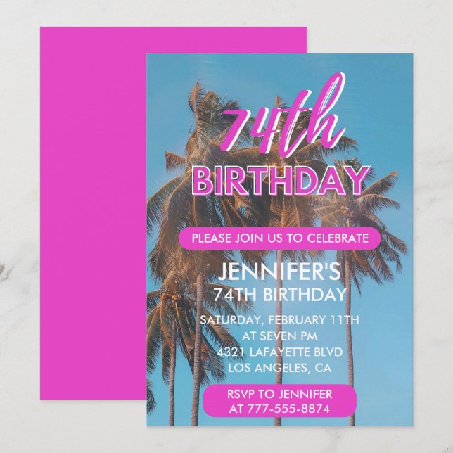 convite de 74º aniversário árvore de palmeira rosa (Frente/Verso)