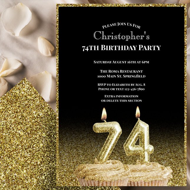 Convite de 74º Aniversário Preto e Dourado Para El (Criador carregado)