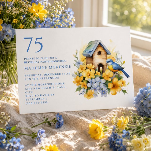 Convite de 75º Aniversário Casa de Pássaros Azul F (Blue and yellow floral bird and birdhouse 75th birthday invitation)