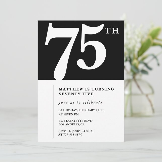 Convite de 75º aniversário preto Elegante Chique S (Em pé/Frente)
