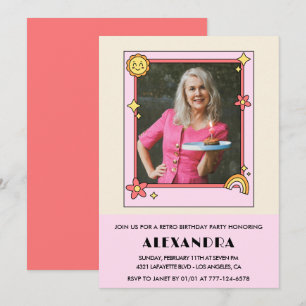 convite de 75º aniversário Retro Groovy Floral Ros