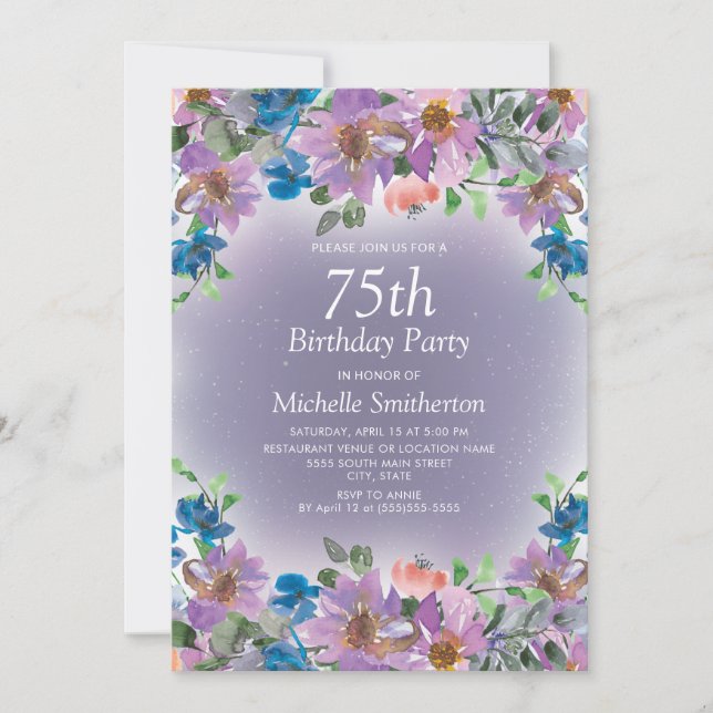 Convite de 75 anos de idade Floral Azul Roxo Femin (Frente)