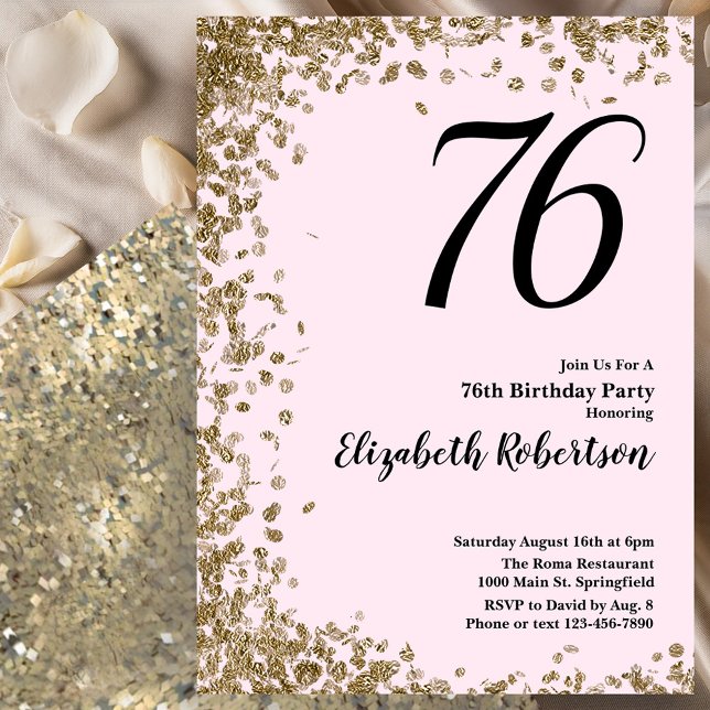 Convite de 76º Aniversário Elegante Rosa Dourado c (Criador carregado)