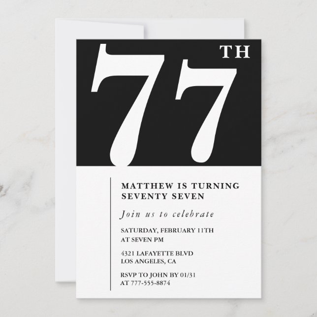 Convite de 77º aniversário preto e branco elegante (Frente)