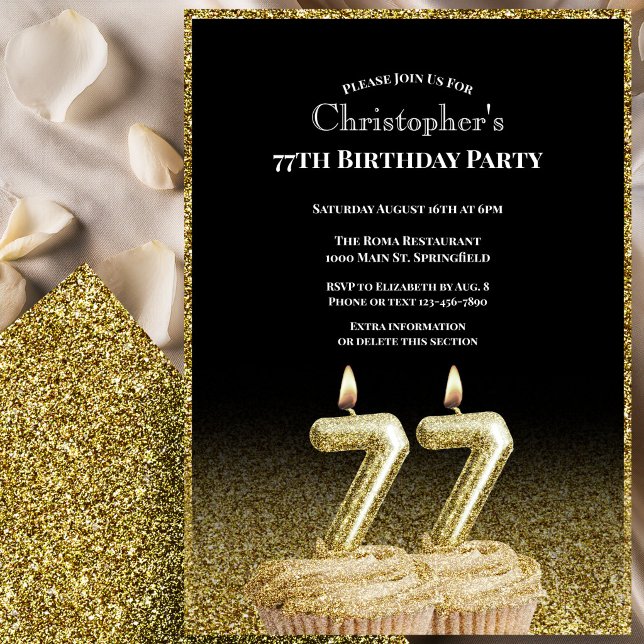 Convite de 77º Aniversário Preto e Dourado Para El (Criador carregado)