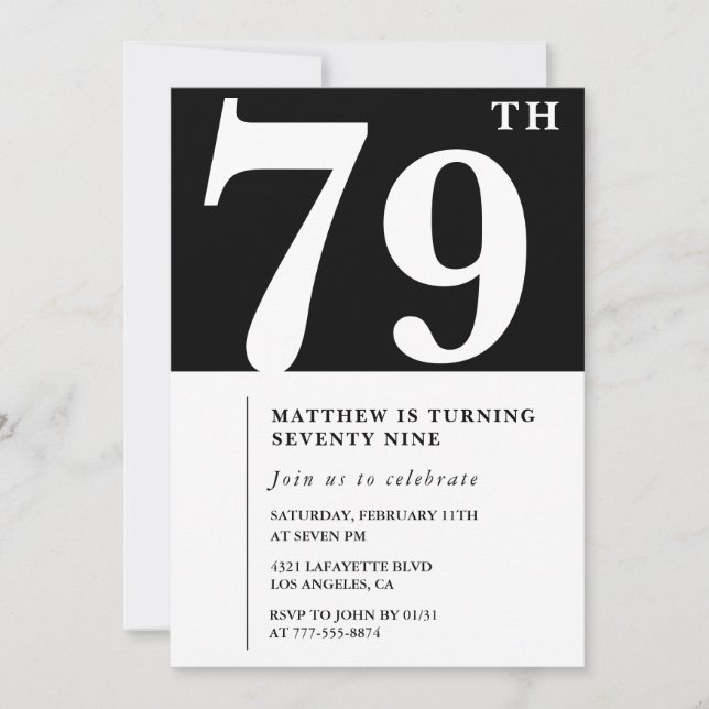 Convite de 79º aniversário preto e branco elegante (Frente)