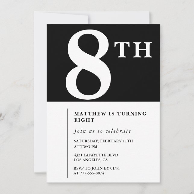 Convite de 8º aniversário elegante Menino Chic Pre (Frente)