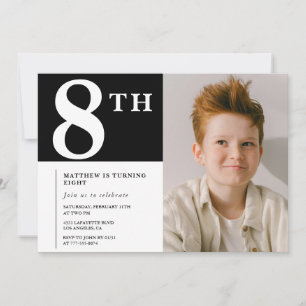 Convite de 8º aniversário elegante Menino Negro Fo