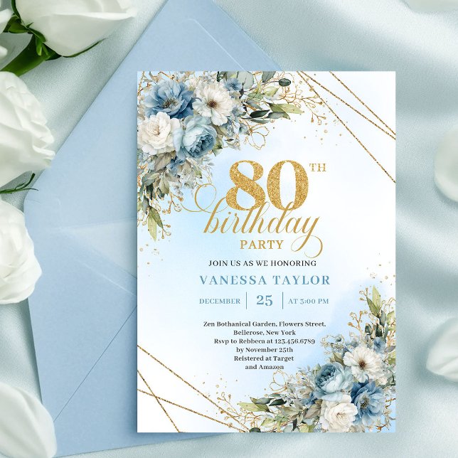 Convite de 80º Aniversário Artístico Flores Azul P (Artistic 80th Birthday Invite Dusty Blue Flowers Gold)