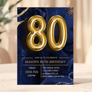 Convite de 80º Aniversário Azul Marinho e Dourado 