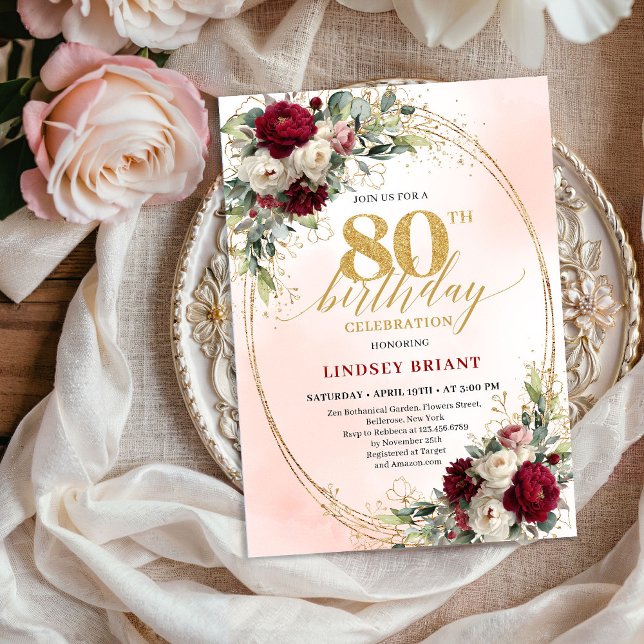 Convite de 80º Aniversário Boho Floral Borgonha Ro (Romantic Burgundy Boho Floral 80th Birthday Invitation)